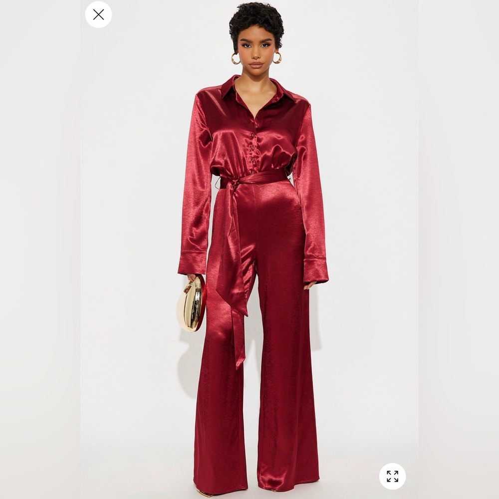 Satin Deep Red Wide-Leg Jumpsuit with Waist Tie